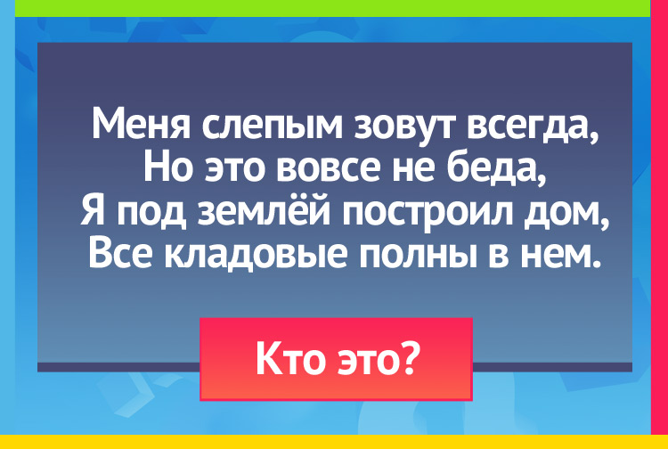 Меня слепым зовут всегда, Но это вовсе не беда, Я под землёй построил дом, Все кладовые полны в нем.
