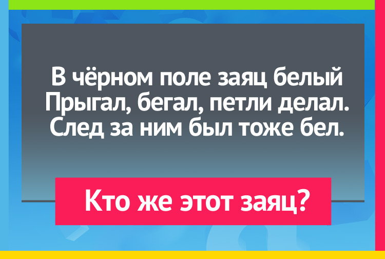 В чёрном поле заяц белый Прыгал, бегал, петли делал. След за ним был тоже бел.
